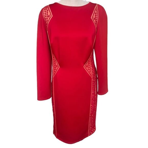 Tadashi Shoji Edie Red Rock Nude Neoprene Embroidered Lace panel Dress L - Picture 1 of 5